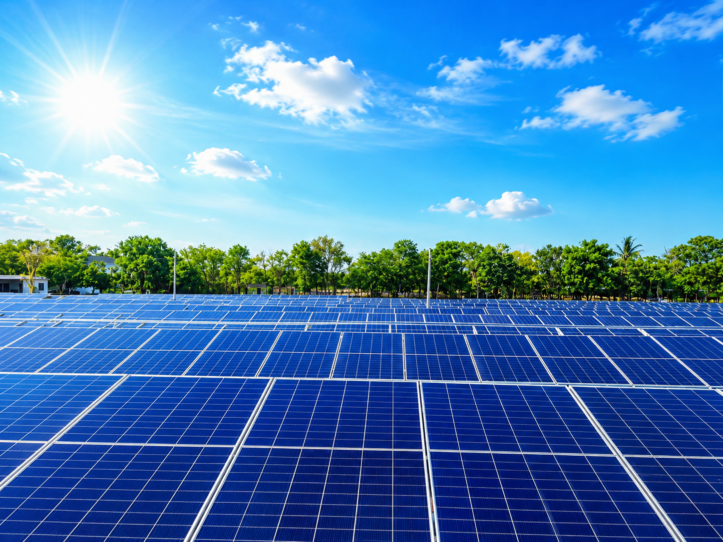 Premium solar farm with blue photovoltaic panels under bright sunlight